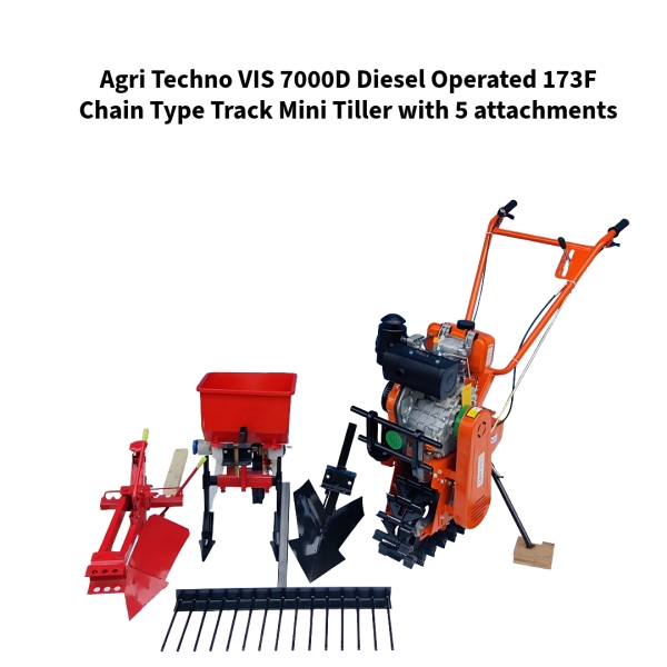 Agri-Techno-VIS-7000D-Diesel-Operated-173F-Chain-Type-Track-Mini-Tiller-with-5-attachments